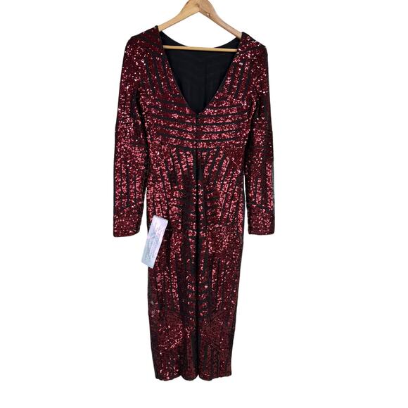 Dress The Population NWT Emery Long Sleeve Sequin Cocktail Dress Size L Berry - Picture 4 of 12